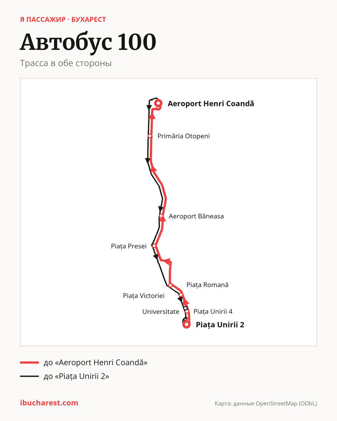 Автобус 100 в Бухаресте на карте: трасса в обе стороны