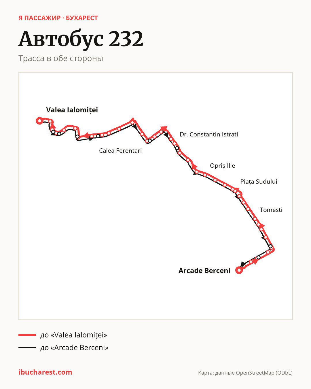 Автобус 232 в Бухаресте на карте: трасса в обе стороны