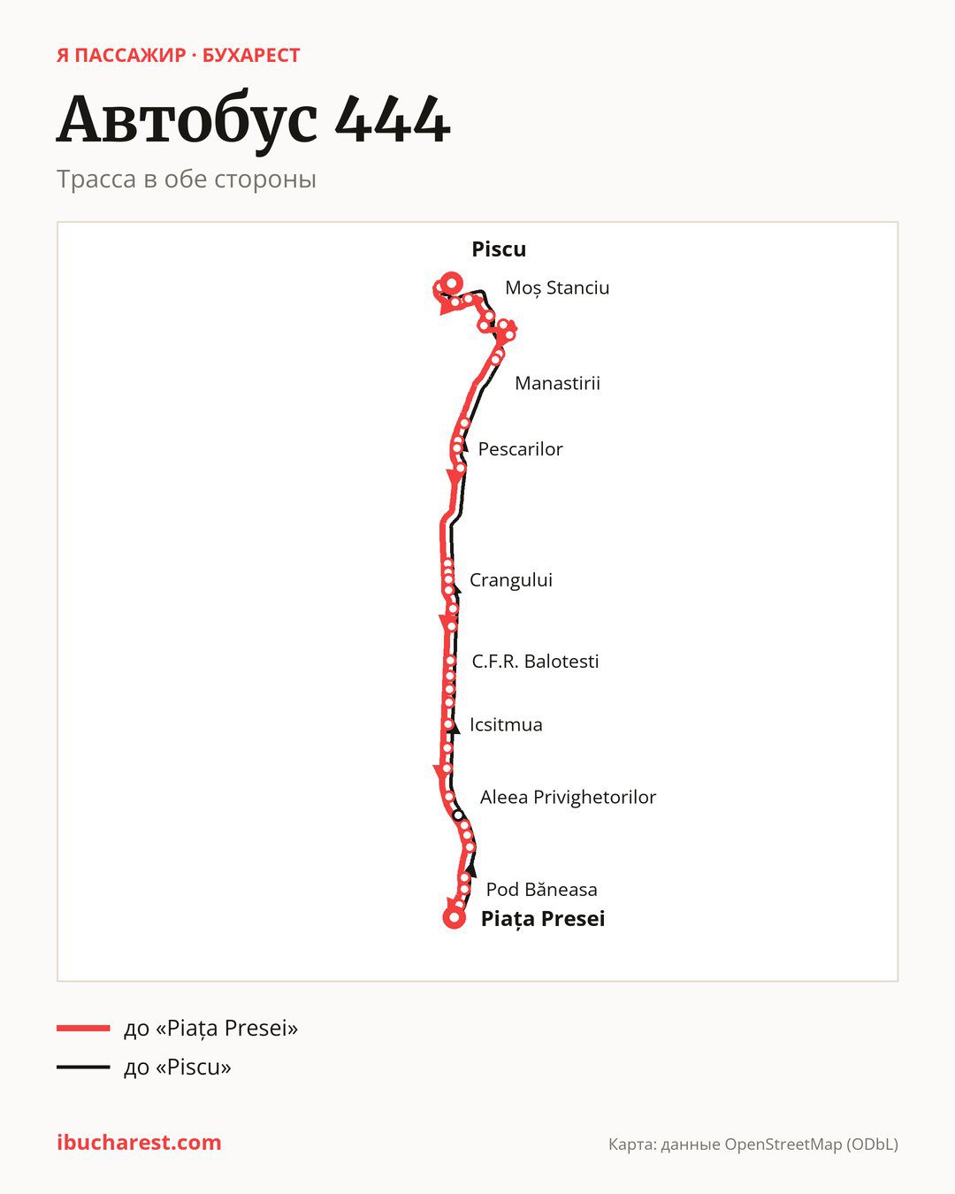 Автобус 444 в Бухаресте на карте: трасса в обе стороны