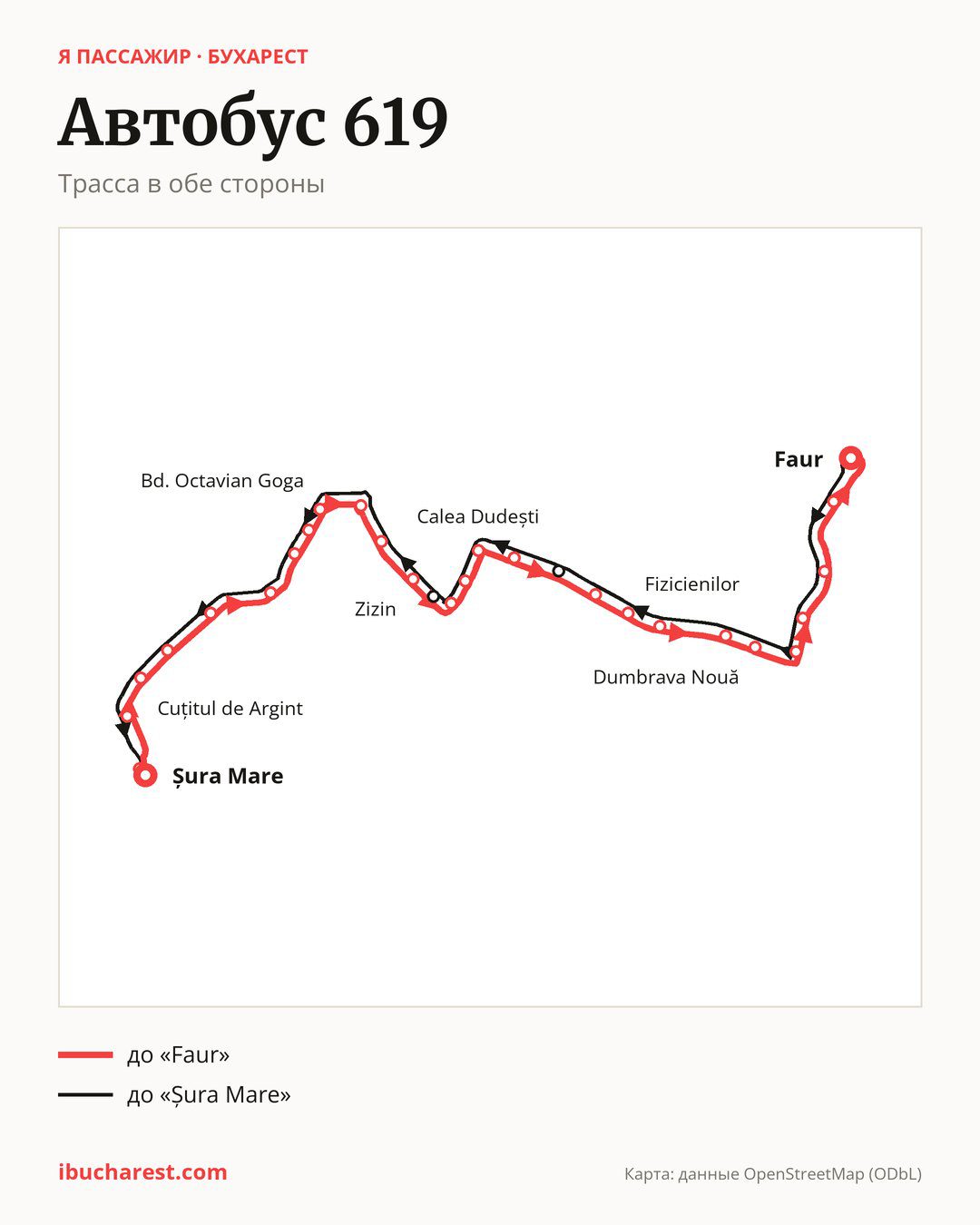 Автобус 619 в Бухаресте на карте: трасса в обе стороны